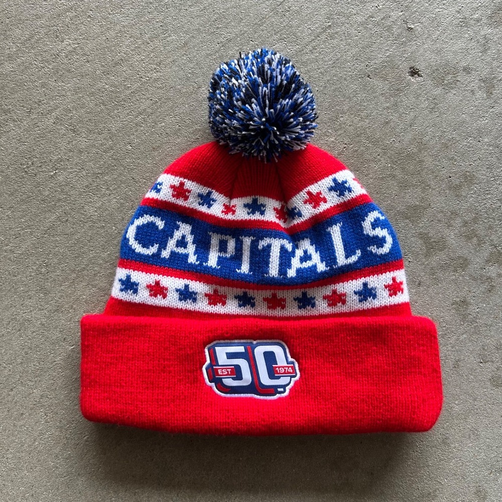 Washington Capitals 50th Anniversary Pom Beanie Hat Cap One Size Red NHL Cuffed